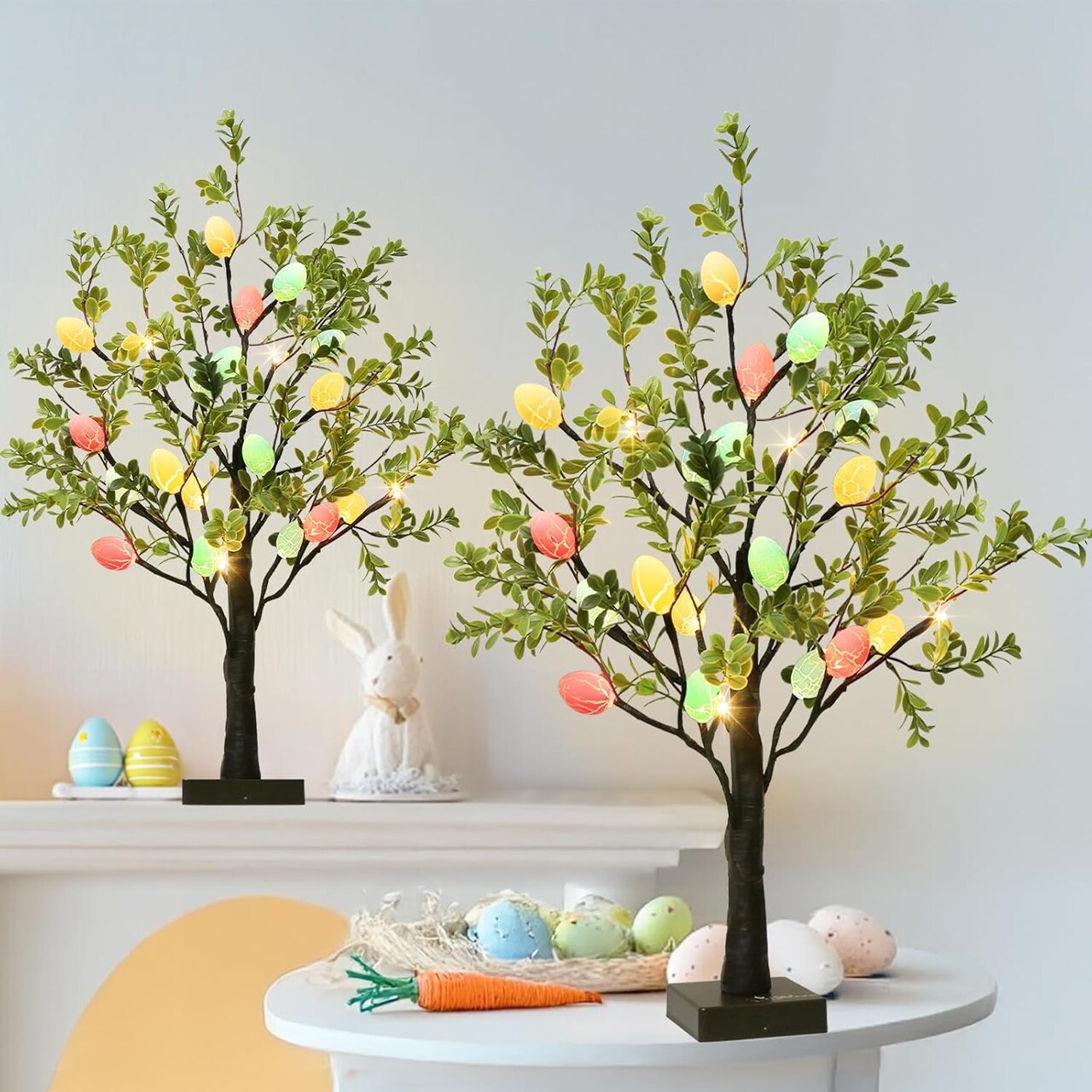 Easter Decorations Easter Tree with Eggs, 2Ft Tabletop Tree with 24 LED Lights, Lighted Artificial Tree Battery/USB Operated Light up Easter Egg Tree for Spring Home Decor (2 Pack)